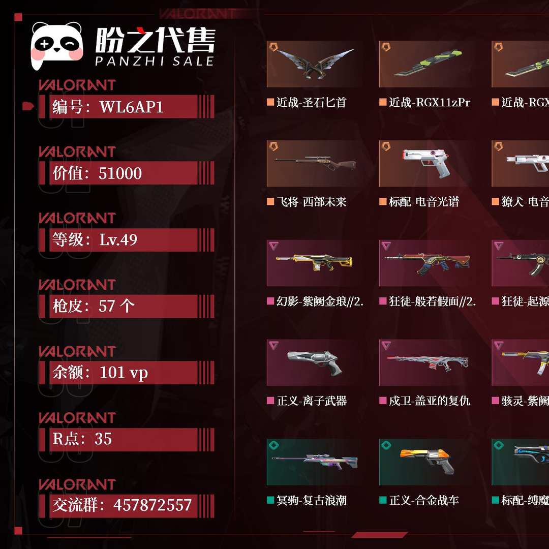 WL6AP1 号 【无初邮】段位:无段位;名称:minguu;等级:Lv.49;库存价值:51000;枪皮数量:57;账号余额:101vp;账号R点:35;其它详情见图.号主备注:WL6049 缅甸 无段位 18特攻 49级 R点35 已使用VP51000 已拥有皮肤57
