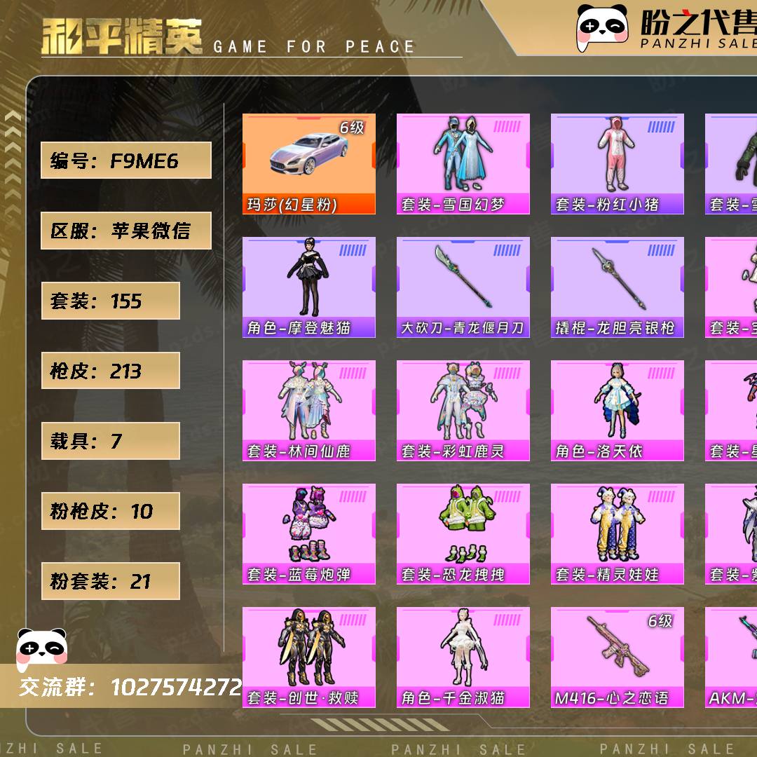 F9ME6 号  【155套装-213枪皮-7载具-2珍稀飞行器】当前段位：超级王牌5星  历史最高段位：卓越王牌13星  热力值：91037  王牌印记：15  传奇印记：1  卓越印记：2  游戏等级：64