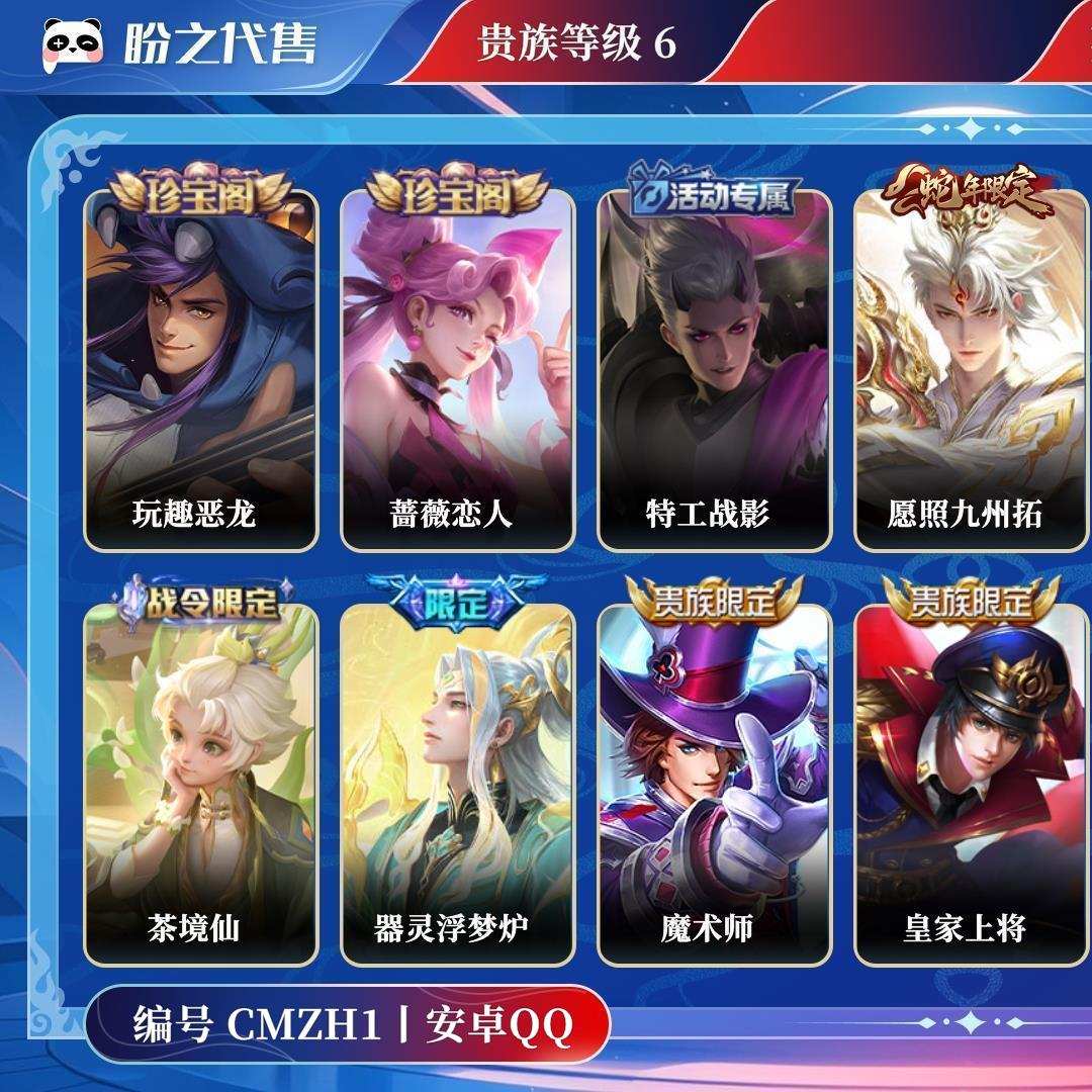 CMZH1号  贵族6 皮肤价值:82248 荣耀典藏0 传说皮肤4 史诗皮肤34 英雄120 皮肤139 非凡王者