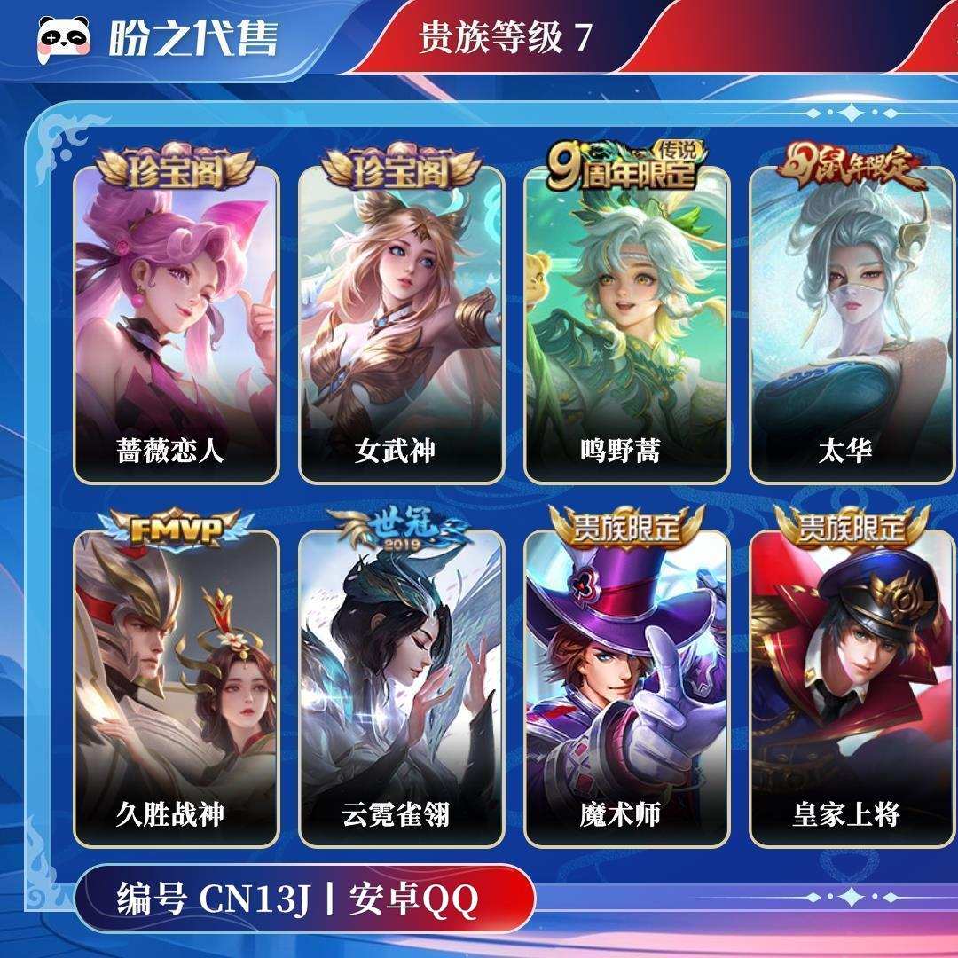 CN13J号  贵族7 皮肤价值:122676 荣耀典藏0 传说皮肤7 史诗皮肤53 英雄120 皮肤181 至尊星耀IV