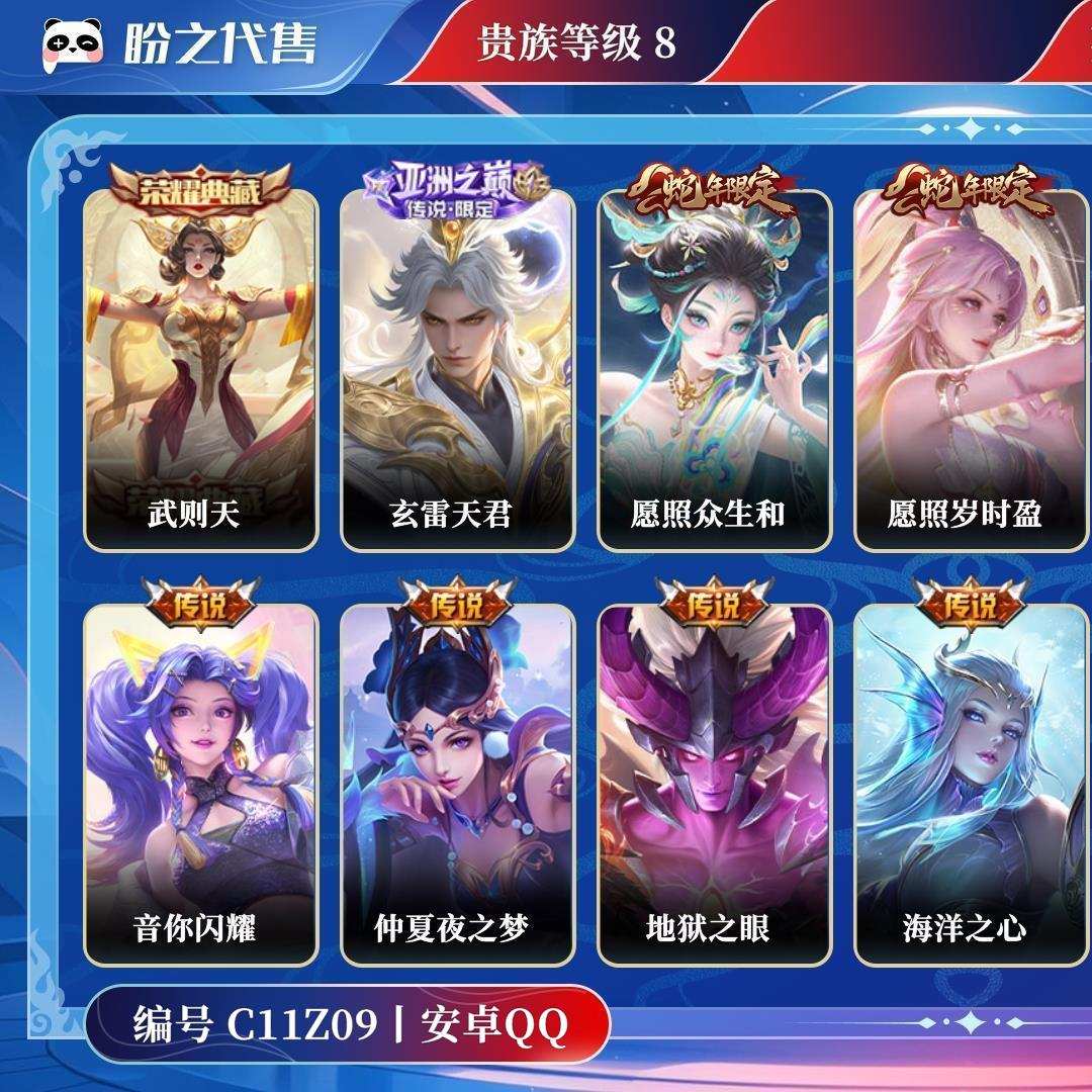 C11Z09号  贵族8 皮肤价值:131680 荣耀典藏1 传说皮肤13 史诗皮肤48 英雄122 皮肤231 传奇王者