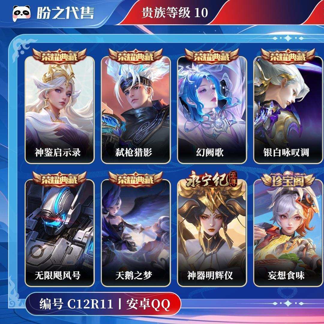 C12R11号  贵族10 皮肤价值:483542 荣耀典藏9 传说皮肤39 史诗皮肤145 英雄124 皮肤451 至尊星耀V