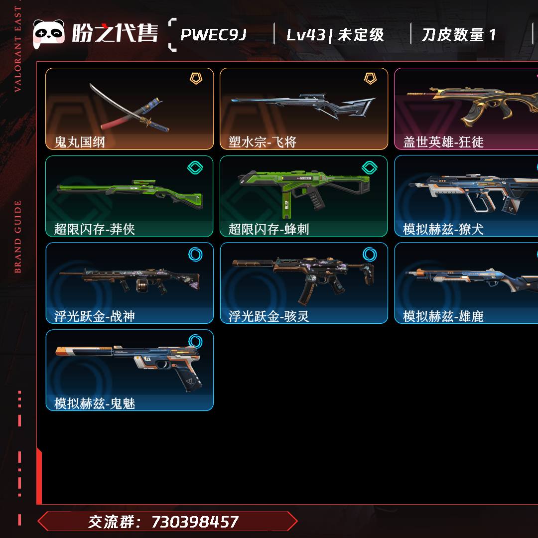 PWEC9J 号 Lv43 ,皮肤总价值9340,未定级,总皮肤16,刀皮1枪皮15(传奇1卓越3),具体详情看图