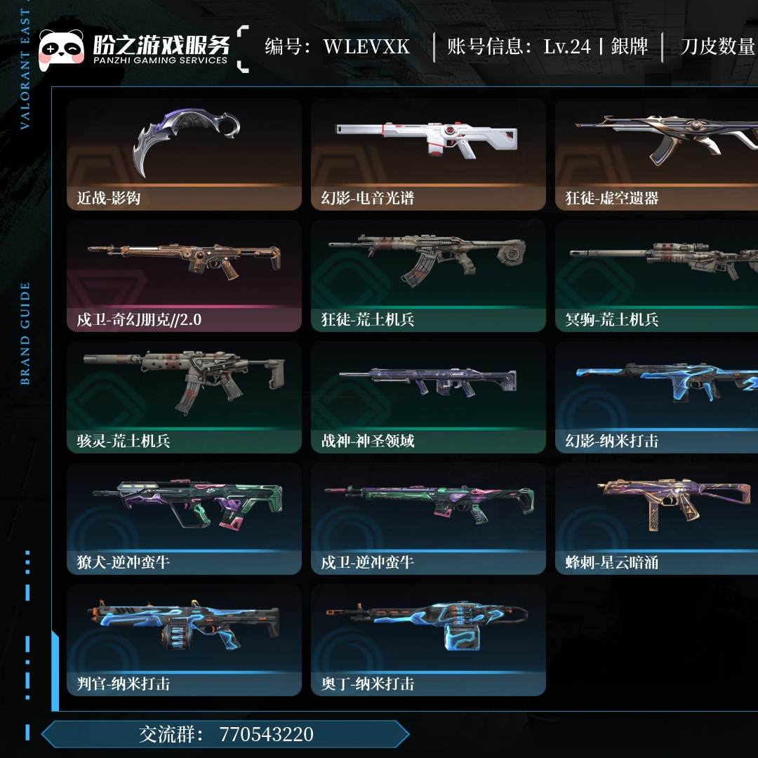 WLEVXK，銀牌，枪皮22（限定4究极0尊爵2），刀皮1，卡面22，喷漆20，挂饰13，近战-影钩，详情请看图