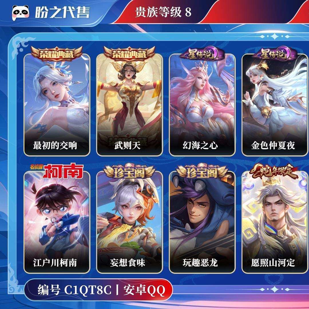 C1QT8C号  贵族8 荣耀典藏2 珍品传说4 星元皮肤2 传说皮肤17 史诗皮肤95 皮肤数量286 皮肤价值:217720 英雄125 无双王者