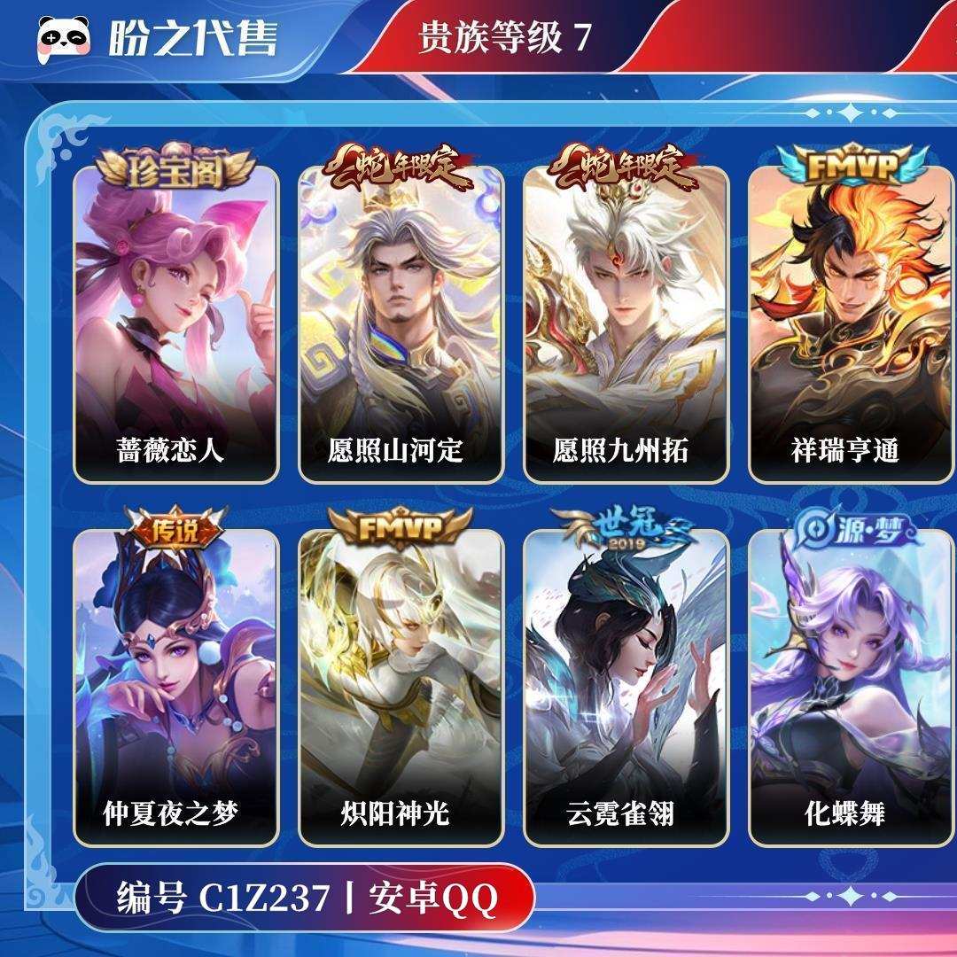 C1Z237号  贵族7 传说皮肤9 史诗皮肤38 皮肤数量130 皮肤价值:91568 英雄102 至尊星耀V