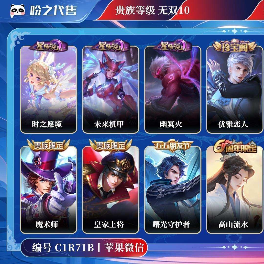 C1R71B号 贵族无双10 星元皮肤3 传说皮肤1 史诗皮肤28 皮肤数量126 皮肤价值:69724 英雄123 荣耀王者