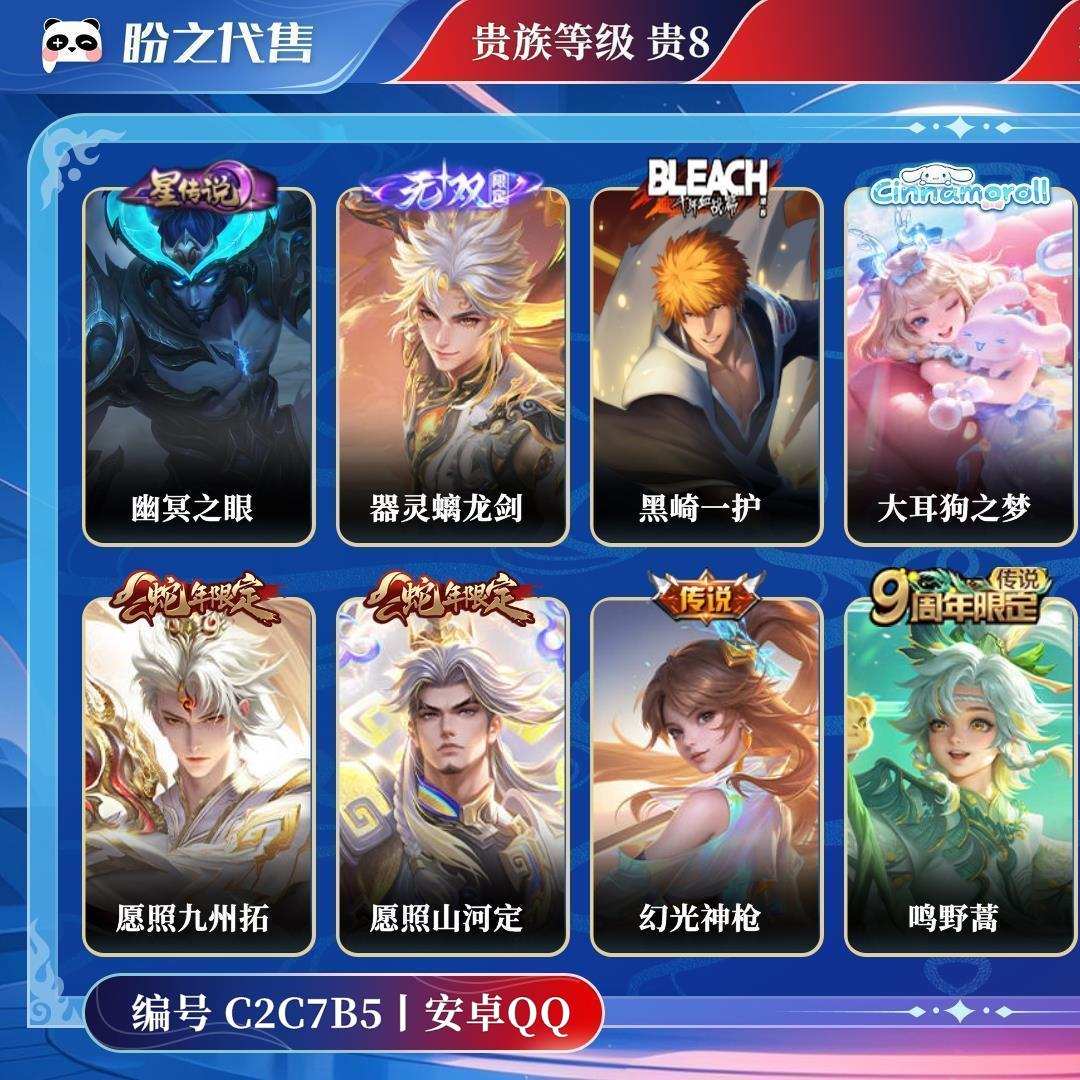 C2C7B5号  贵族贵8 无双1 珍品传说3 星元皮肤1 传说皮肤22 史诗皮肤67 皮肤数量272 皮肤价值:173494 英雄124 至圣王者 总场次8672