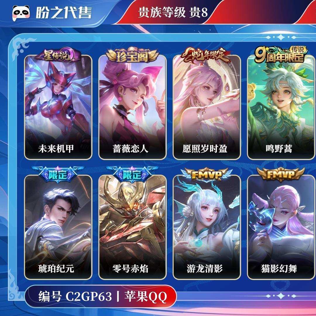 C2GP63号  贵族贵8 星元皮肤1 传说皮肤12 史诗皮肤75 皮肤数量248 皮肤价值:174408 英雄123 非凡王者 总场次3740