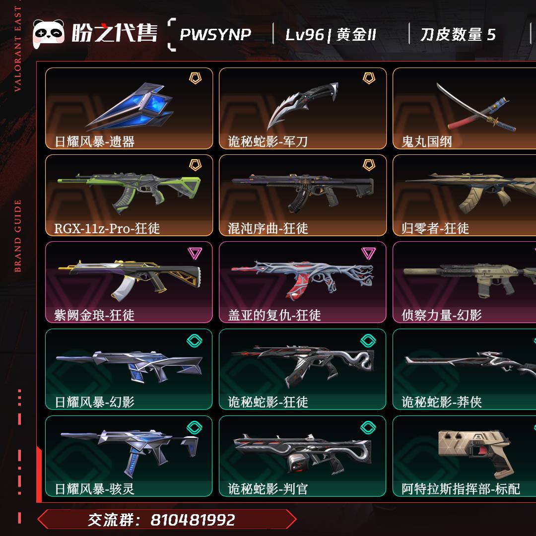 PWSYNP 号  Lv96 ,皮肤总价值23040,黄金II,总皮肤41,刀皮5枪皮36(传奇4卓越6),具体详情看图