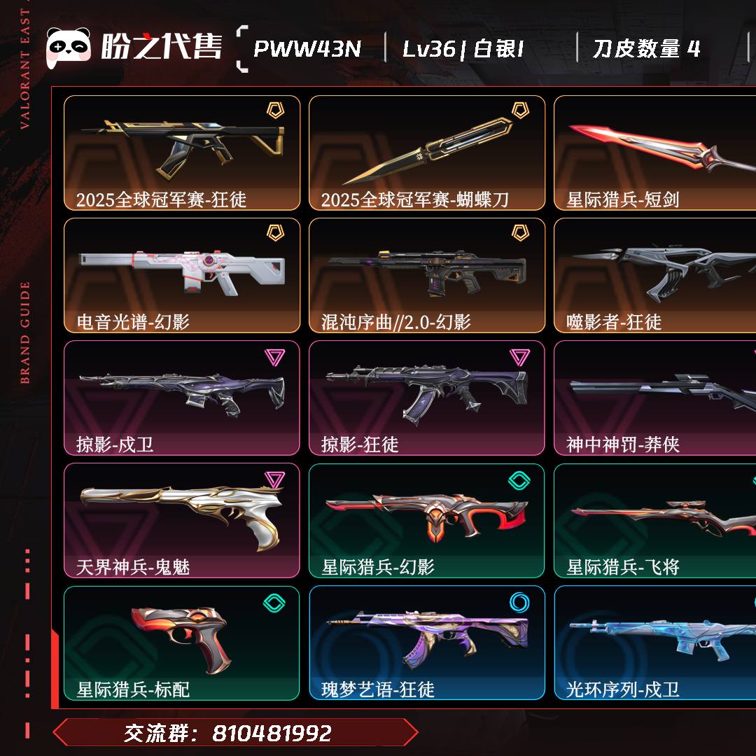 PWW43N 号  Lv36 ,皮肤总价值27720,白银I,总皮肤29,刀皮4枪皮25(传奇5卓越7),套装1(传奇1),具体详情看图