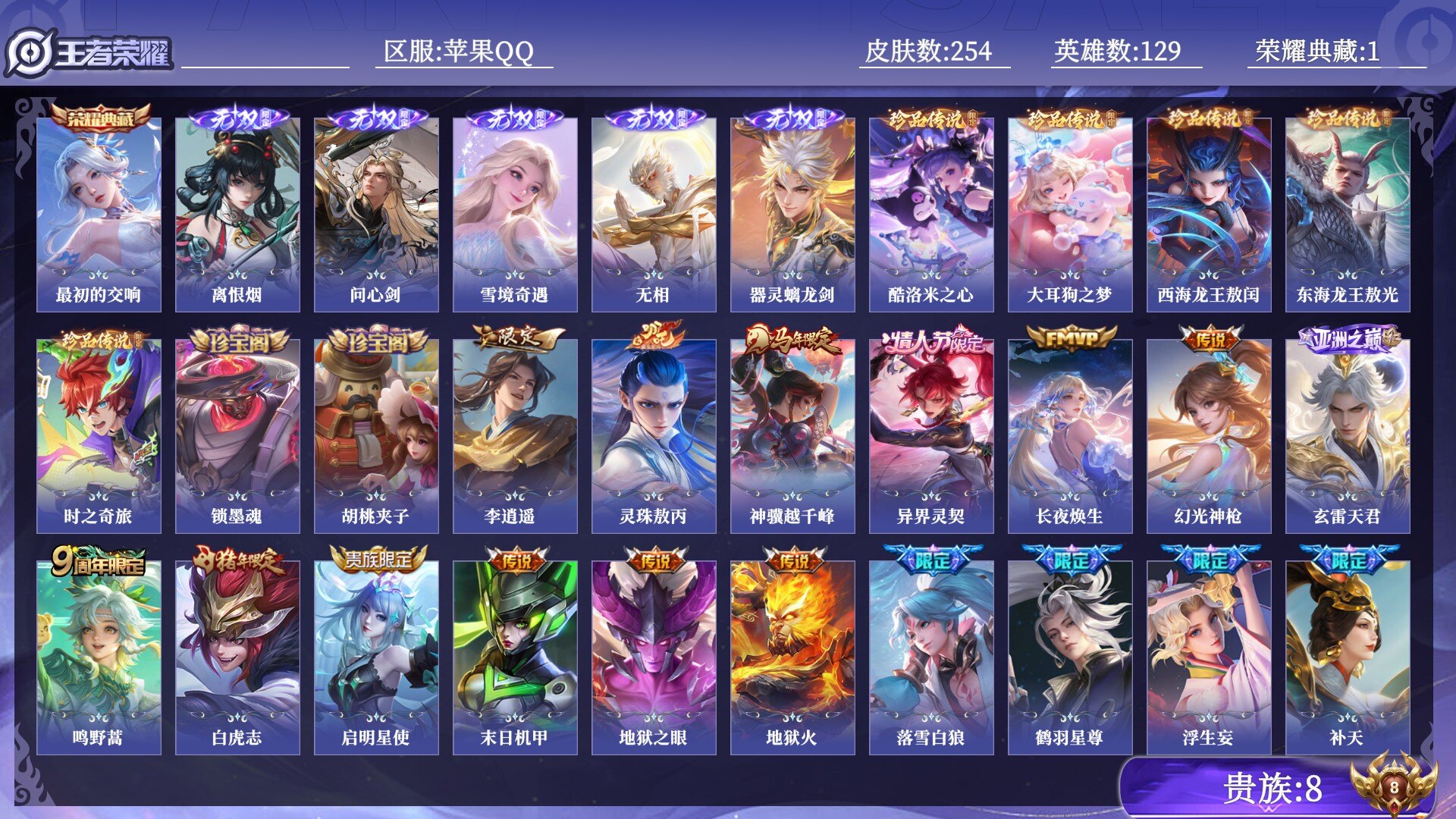 王者荣耀账号苹果QQ贵族8 荣耀典藏1 无双5 珍品传说5 传说皮肤20 史诗皮肤89 皮肤数量254 皮肤价值:201220 英雄129 至尊星耀V 总场次5391
