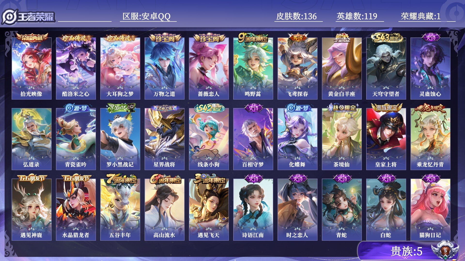 王者荣耀账号安卓QQ贵族5 荣耀典藏1 珍品传说2 传说皮肤3 史诗皮肤48 皮肤数量136 皮肤价值:115708 英雄119 至尊星耀V 总场次5700