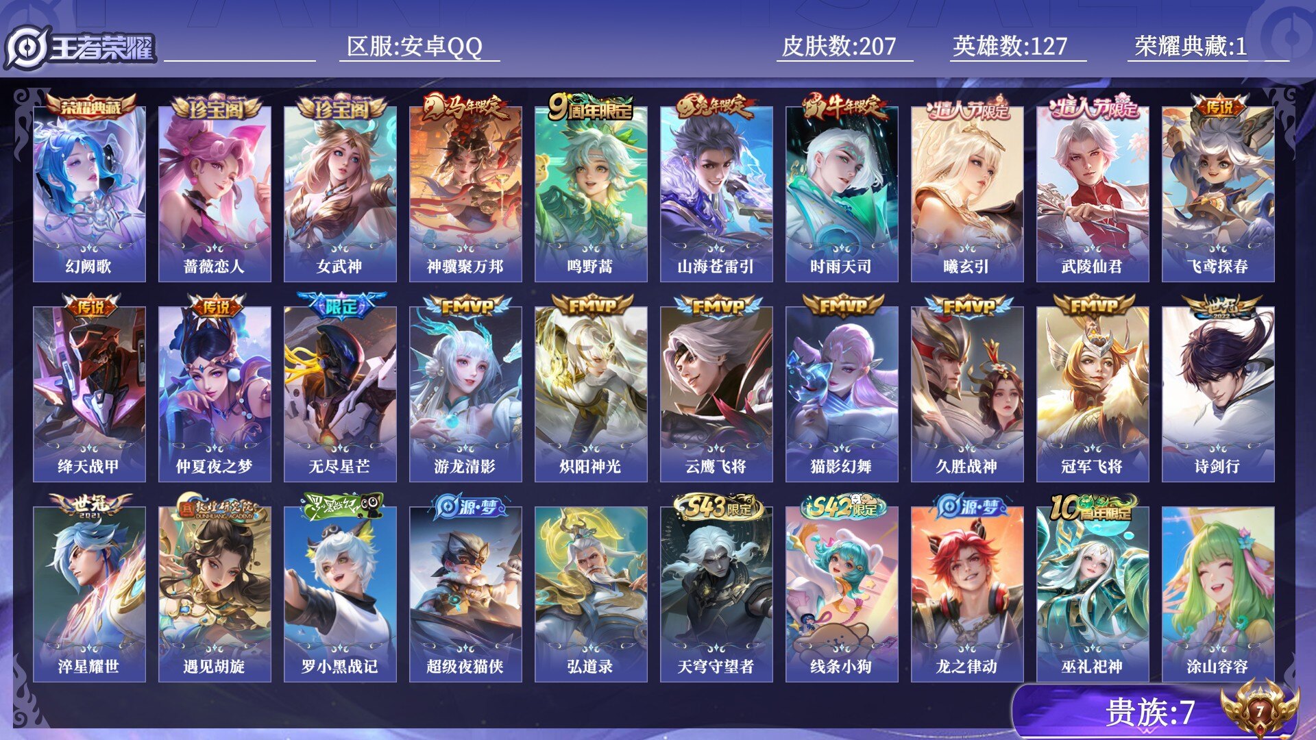 王者荣耀账号安卓QQ贵族7 荣耀典藏1 传说皮肤19 史诗皮肤63 皮肤数量207 皮肤价值:175076 英雄127 至尊星耀III 总场次3762