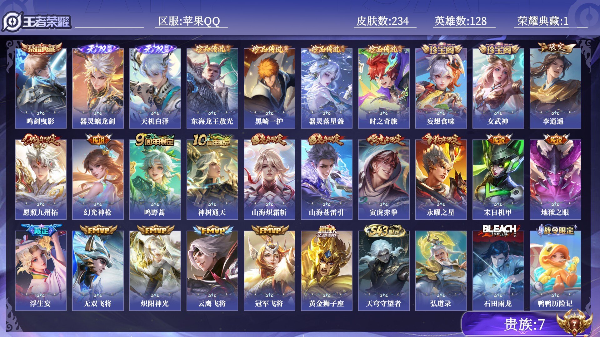 王者荣耀账号苹果QQ贵族7 荣耀典藏1 无双2 珍品传说4 传说皮肤17 史诗皮肤66 皮肤数量234 皮肤价值:174068 英雄128 至尊星耀V 总场次7762