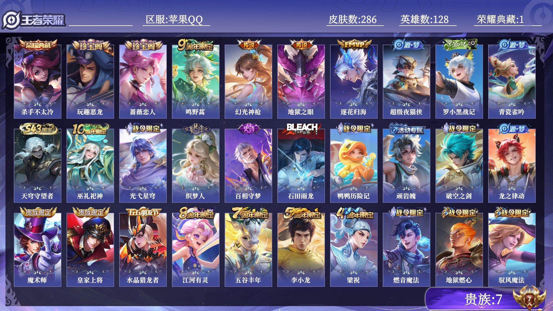 王者荣耀账号苹果QQ贵族7 荣耀典藏1 传说皮肤4 史诗皮肤68 皮肤数量286 皮肤价值:193200 英雄128 至尊星耀II 总场次7243