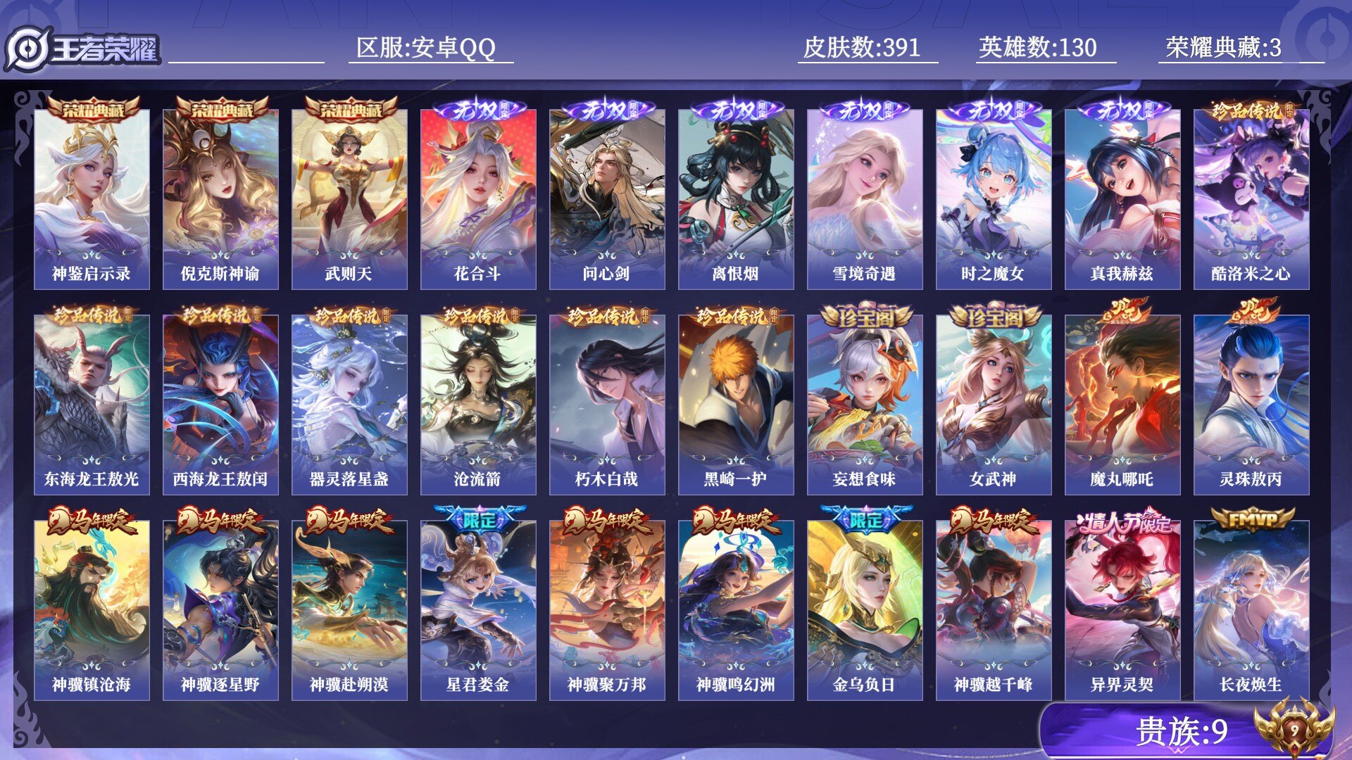 王者荣耀账号安卓QQ贵族9 荣耀典藏3 无双6 珍品传说7 传说皮肤36 史诗皮肤112 皮肤数量391 皮肤价值:306796 英雄130 最强王者 总场次13129