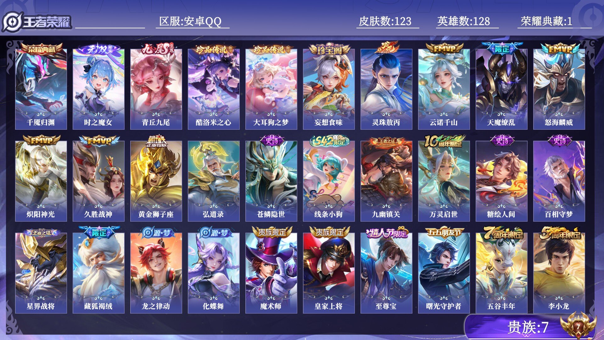 王者荣耀账号安卓QQ贵族7 荣耀典藏1 无双2 珍品传说2 传说皮肤7 史诗皮肤38 皮肤数量123 皮肤价值:100856 英雄128 至尊星耀IV 总场次4246