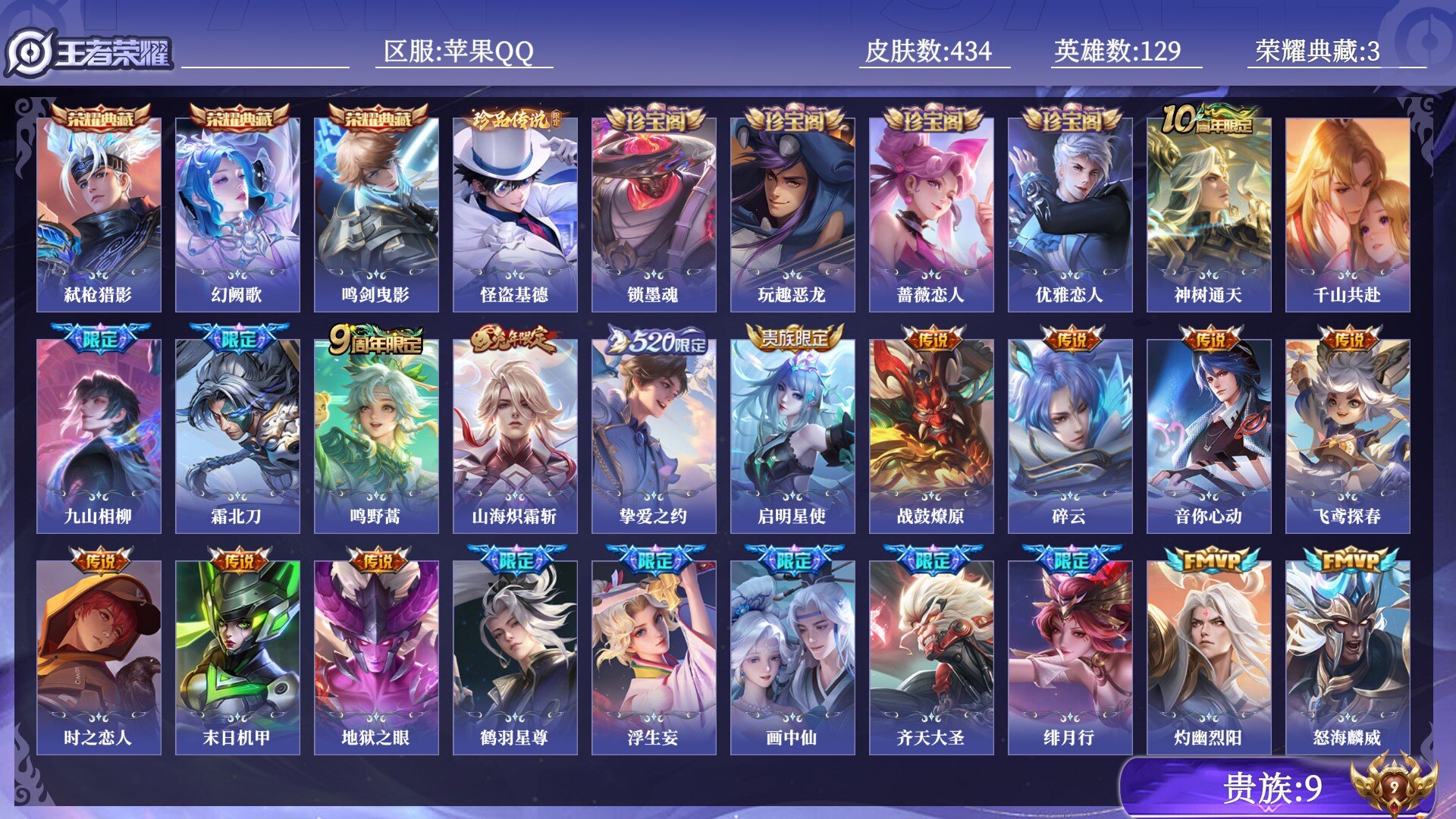 王者荣耀账号苹果QQ贵族9 荣耀典藏3 珍品传说1 传说皮肤29 史诗皮肤121 皮肤数量434 皮肤价值:356204 英雄129 永恒钻石III 总场次13812
