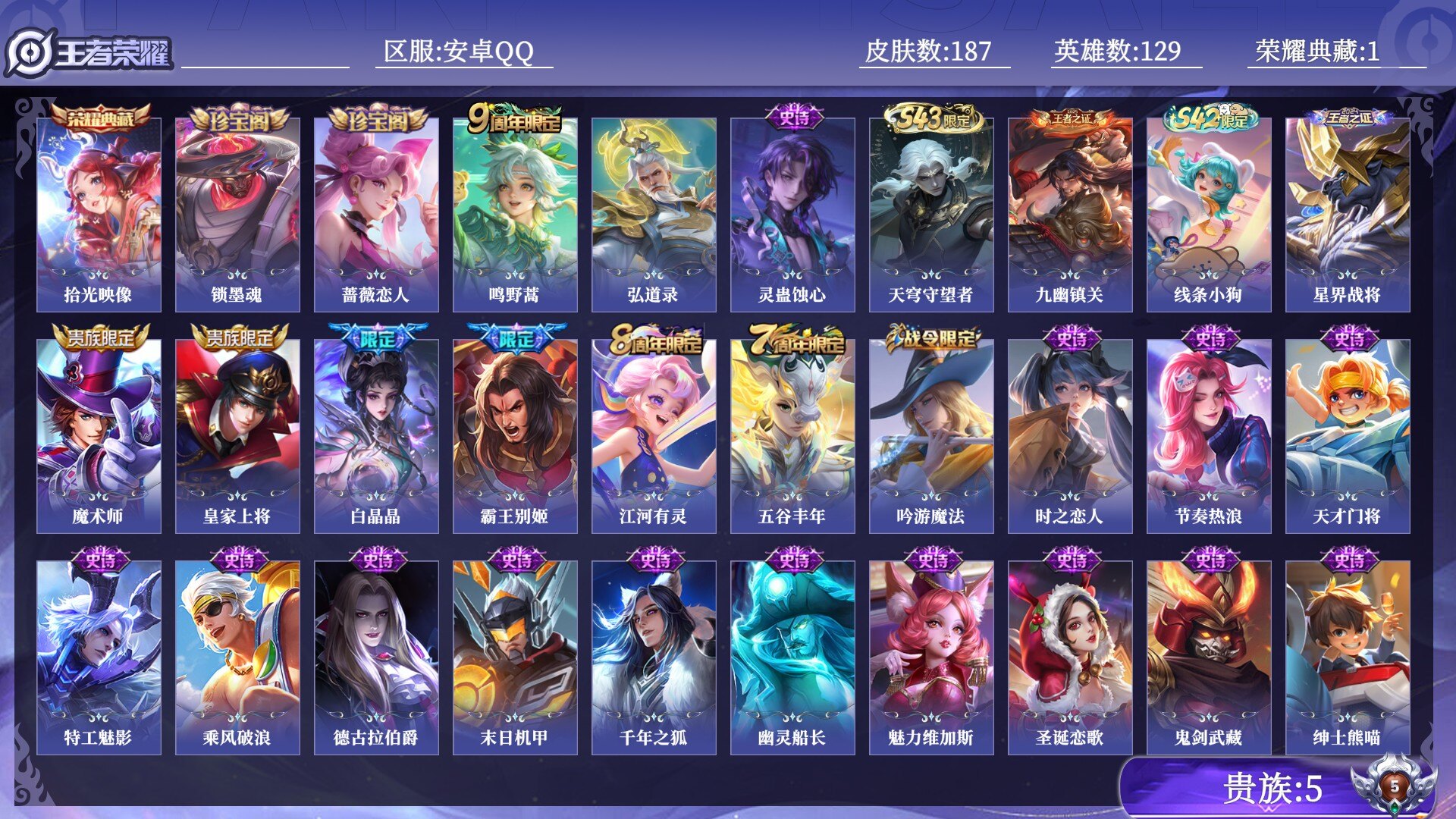 王者荣耀账号安卓QQ贵族5 荣耀典藏1 传说皮肤1 史诗皮肤39 皮肤数量187 皮肤价值:118132 英雄129 永恒钻石II 总场次11076