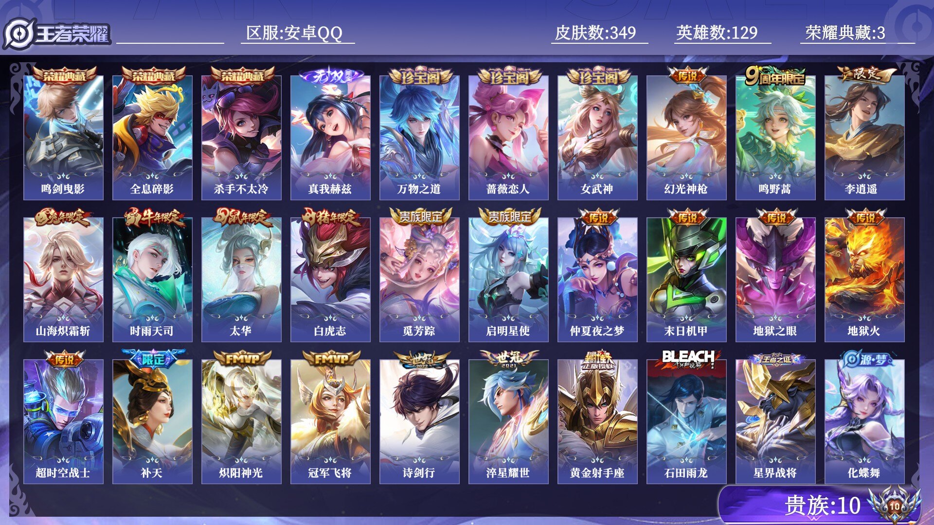 王者荣耀账号安卓QQ贵族10 荣耀典藏3 无双1 传说皮肤20 史诗皮肤97 皮肤数量349 皮肤价值:290280 英雄129 永恒钻石I 总场次12634