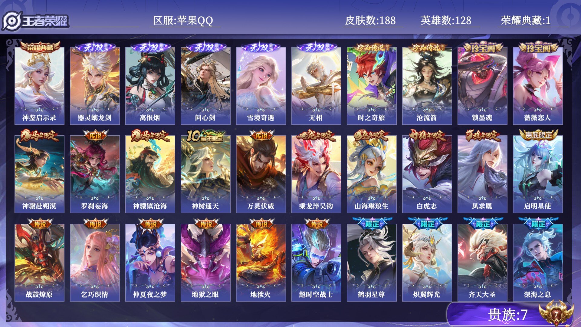 王者荣耀账号苹果QQ贵族7 荣耀典藏1 无双5 珍品传说2 传说皮肤24 史诗皮肤49 皮肤数量188 皮肤价值:161512 英雄128 永恒钻石II 总场次10055