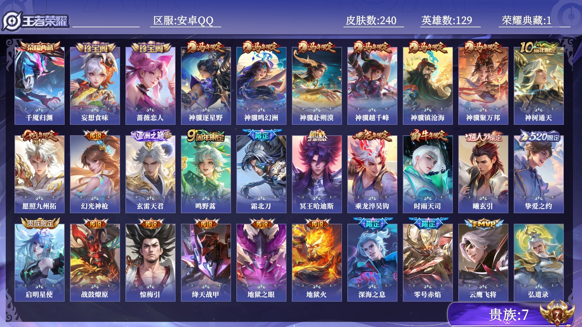 王者荣耀账号安卓QQ贵族7 荣耀典藏1 传说皮肤26 史诗皮肤68 皮肤数量240 皮肤价值:192924 英雄129 永恒钻石III 总场次3892
