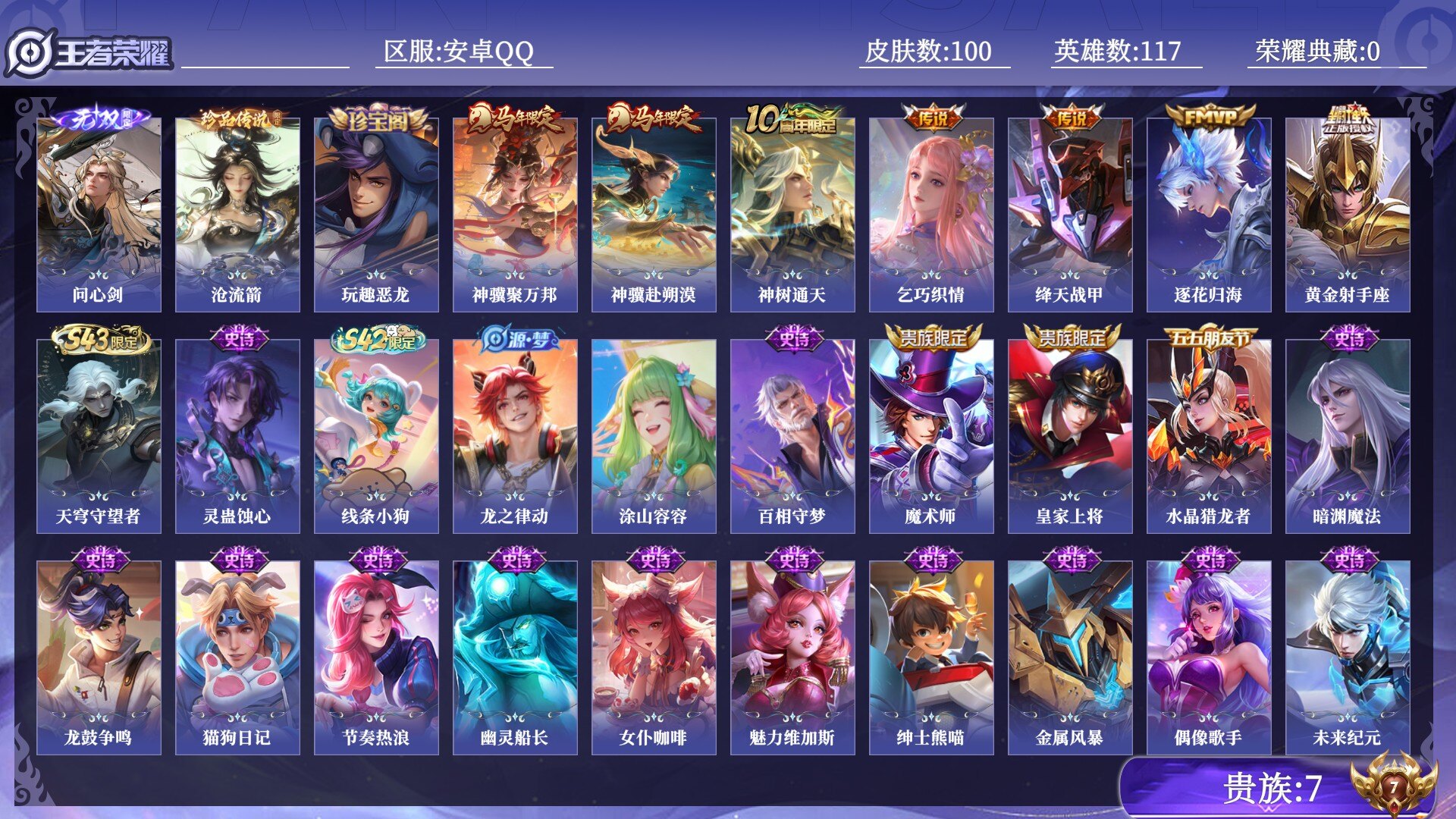 王者荣耀账号安卓QQ贵族7 无双1 珍品传说1 传说皮肤7 史诗皮肤22 皮肤数量100 皮肤价值:62024 英雄117 尊贵铂金II 总场次1558