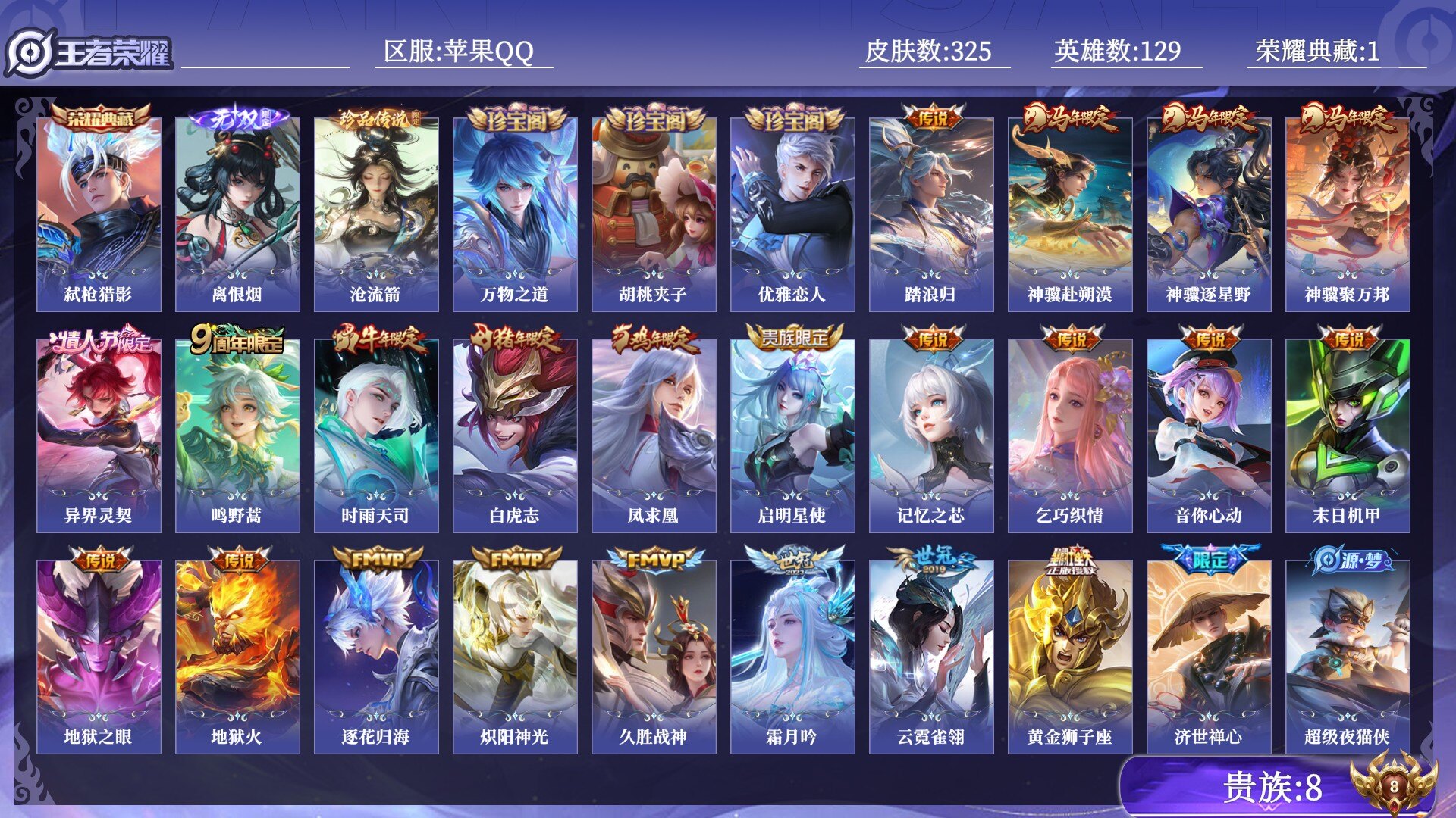 王者荣耀账号苹果QQ贵族8 荣耀典藏1 无双1 珍品传说1 传说皮肤22 史诗皮肤85 皮肤数量325 皮肤价值:237400 英雄129 至尊星耀II 总场次11792