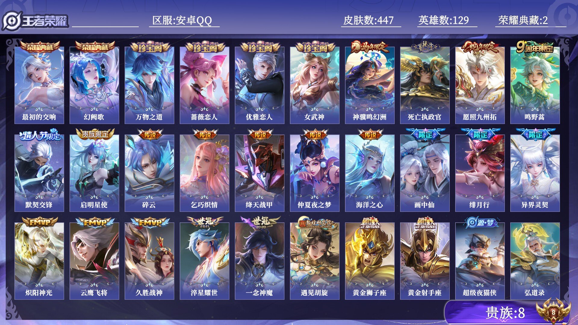 王者荣耀账号安卓QQ贵族8 荣耀典藏2 传说皮肤22 史诗皮肤151 皮肤数量447 皮肤价值:346946 英雄129 永恒钻石IV 总场次15950