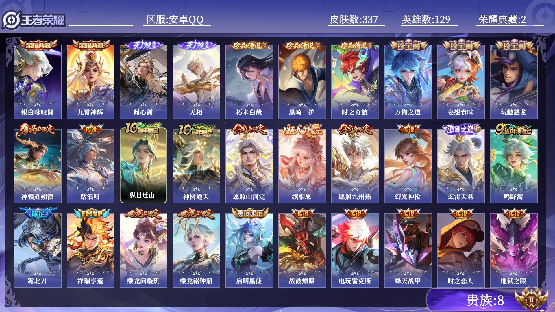 王者荣耀账号安卓QQ贵族8 荣耀典藏2 无双2 珍品传说3 传说皮肤31 史诗皮肤85 皮肤数量337 皮肤价值:263584 英雄129 最强王者 总场次10387