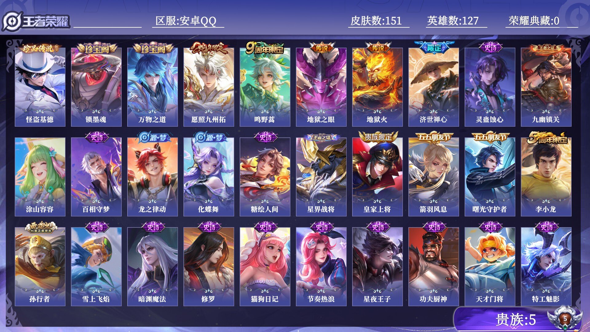 王者荣耀账号安卓QQ贵族5 珍品传说1 传说皮肤4 史诗皮肤42 皮肤数量151 皮肤价值:103084 英雄127 永恒钻石III 总场次4090