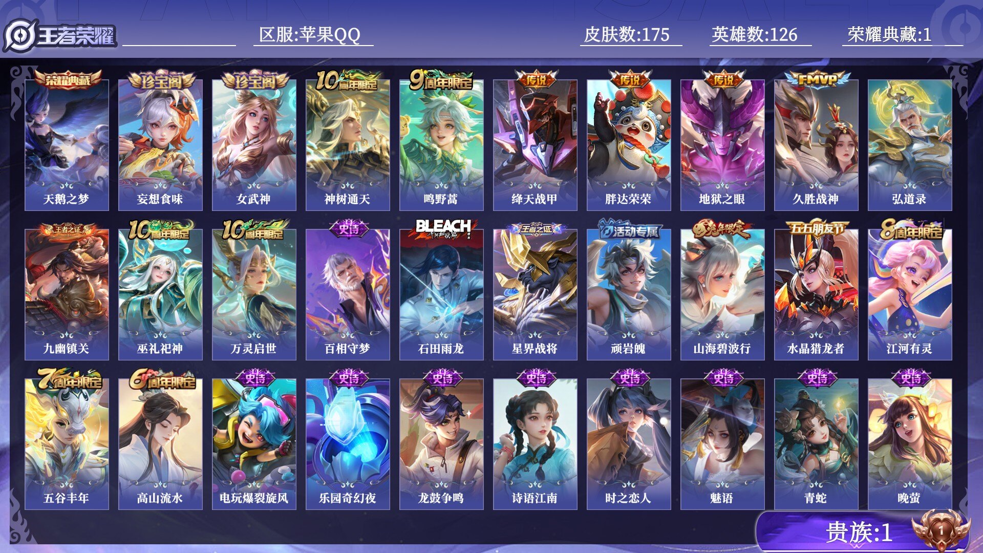 王者荣耀账号苹果QQ贵族1 荣耀典藏1 传说皮肤6 史诗皮肤53 皮肤数量175 皮肤价值:132004 英雄126 最强王者 总场次3327