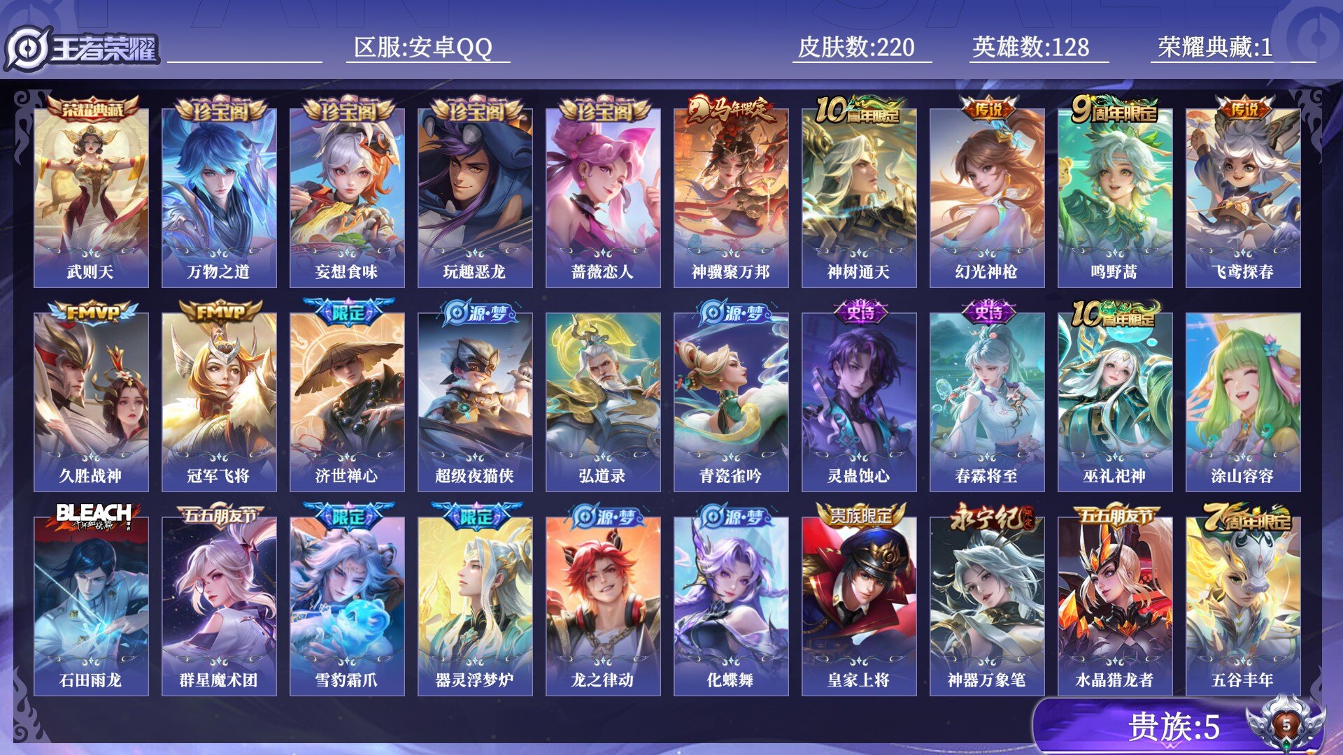 王者荣耀账号安卓QQ贵族5 荣耀典藏1 传说皮肤7 史诗皮肤52 皮肤数量220 皮肤价值:133004 英雄128 永恒钻石V 总场次5519
