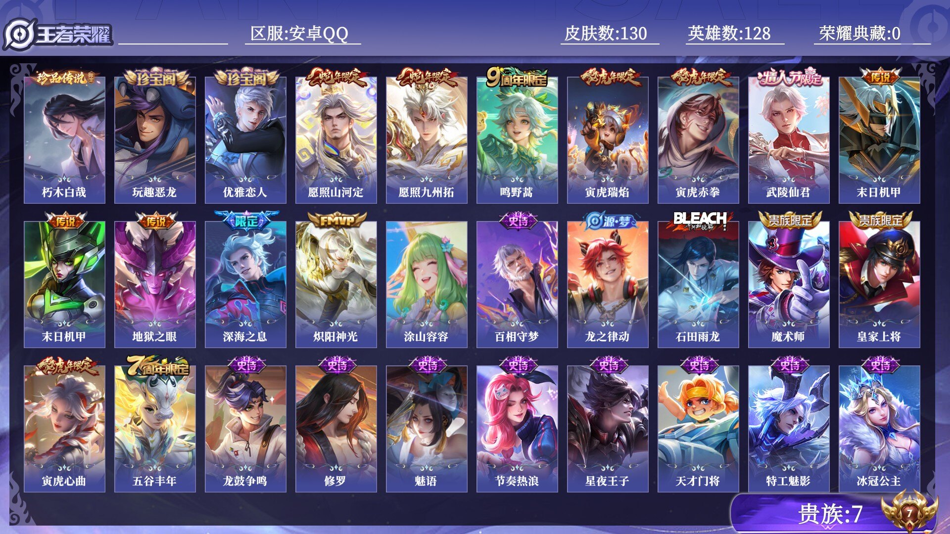 王者荣耀账号安卓QQ贵族7 珍品传说1 传说皮肤11 史诗皮肤33 皮肤数量130 皮肤价值:88524 英雄128 永恒钻石I 总场次5537