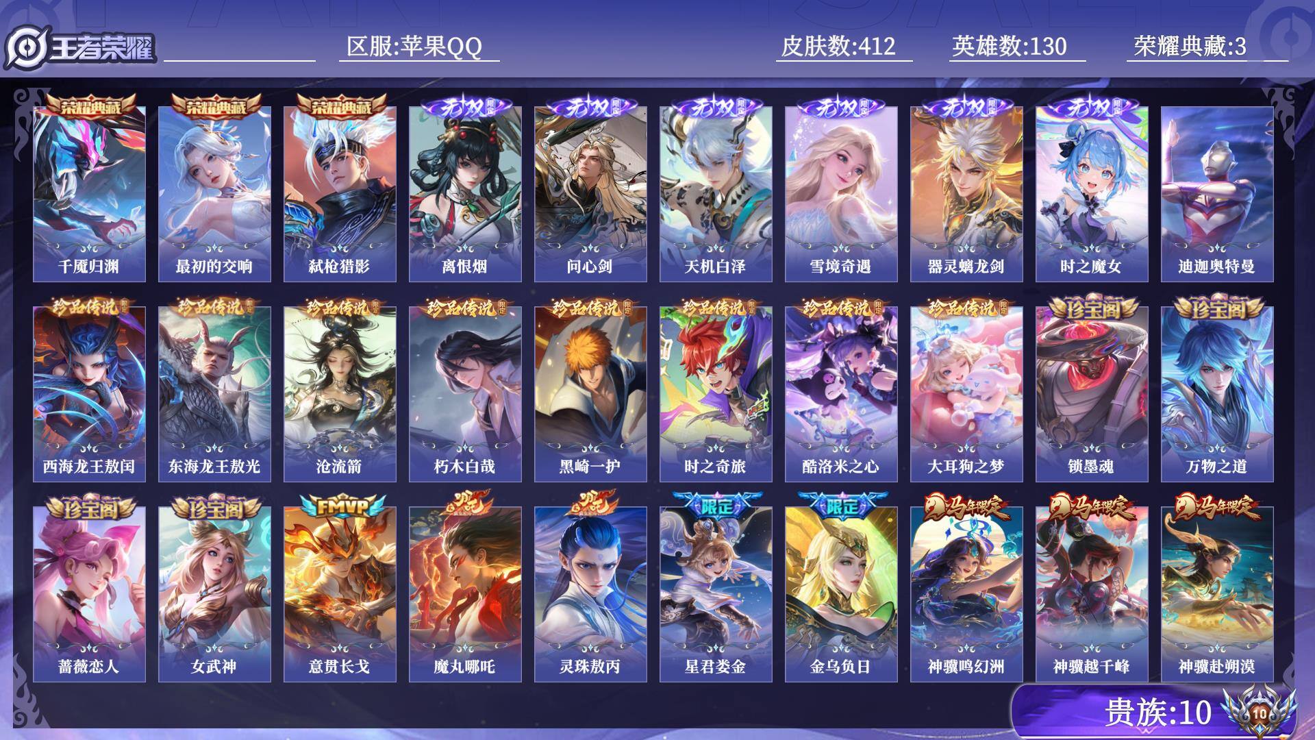 王者荣耀账号苹果QQ贵族10 荣耀典藏3 无双6 珍品传说9 传说皮肤69 史诗皮肤114 皮肤数量412 皮肤价值:387564 英雄130 无双王者 总场次10297