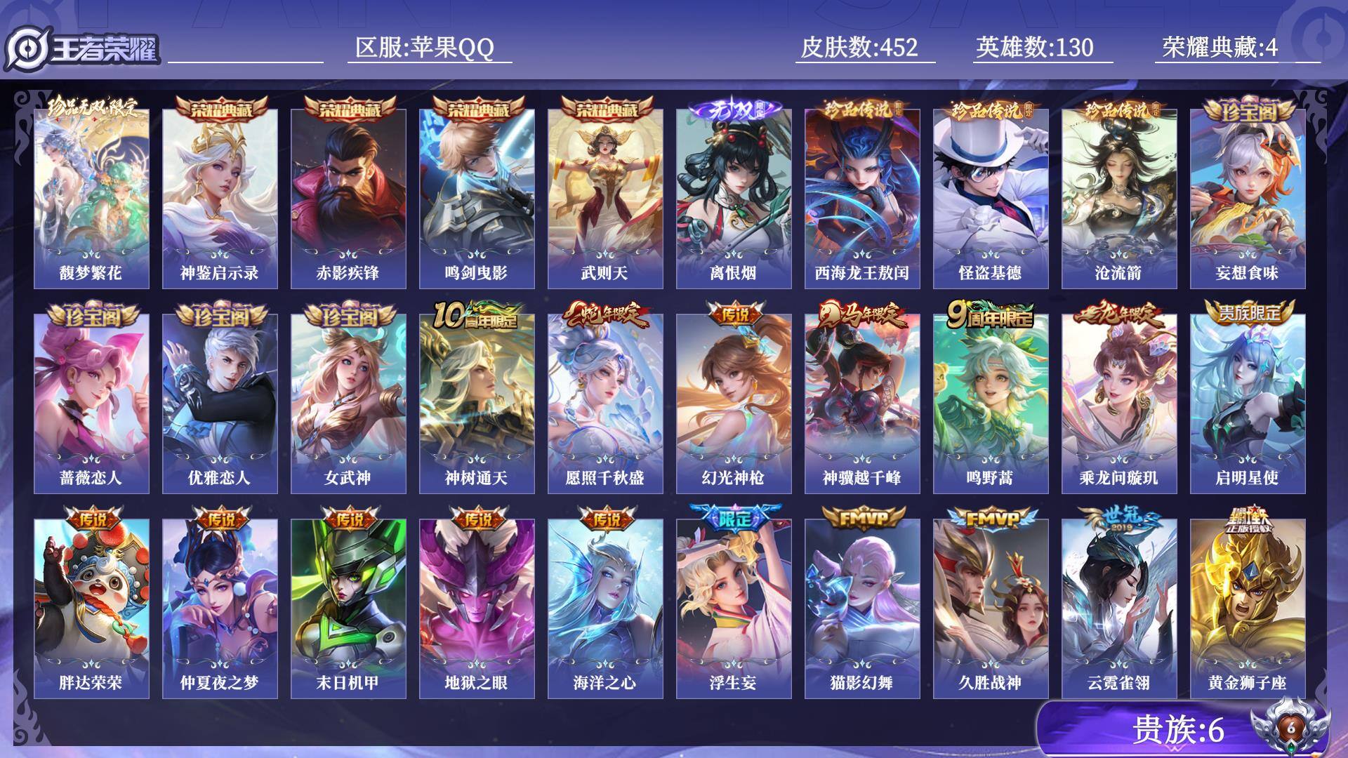 王者荣耀账号苹果QQ贵族6 荣耀典藏4 珍品无双1 无双1 珍品传说3 传说皮肤17 史诗皮肤142 皮肤数量452 皮肤价值:355458 英雄130 永恒钻石II 总场次17878