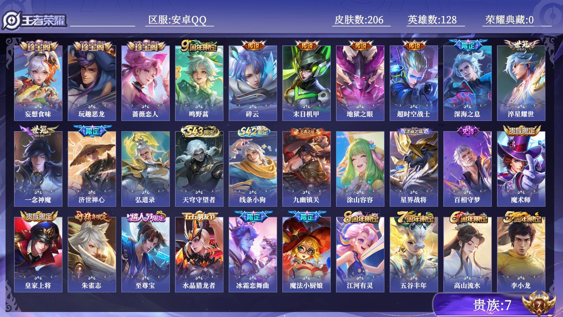 王者荣耀账号安卓QQ贵族7 传说皮肤8 史诗皮肤59 皮肤数量206 皮肤价值:127764 英雄128 无双王者 总场次7895