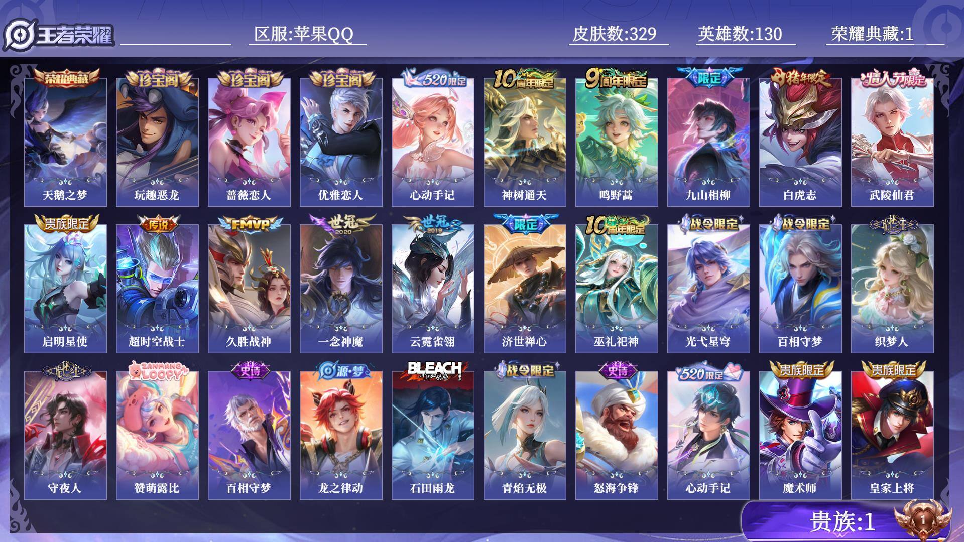王者荣耀账号苹果QQ贵族1 荣耀典藏1 传说皮肤11 史诗皮肤93 皮肤数量329 皮肤价值:232684 英雄130 至尊星耀V 总场次11822
