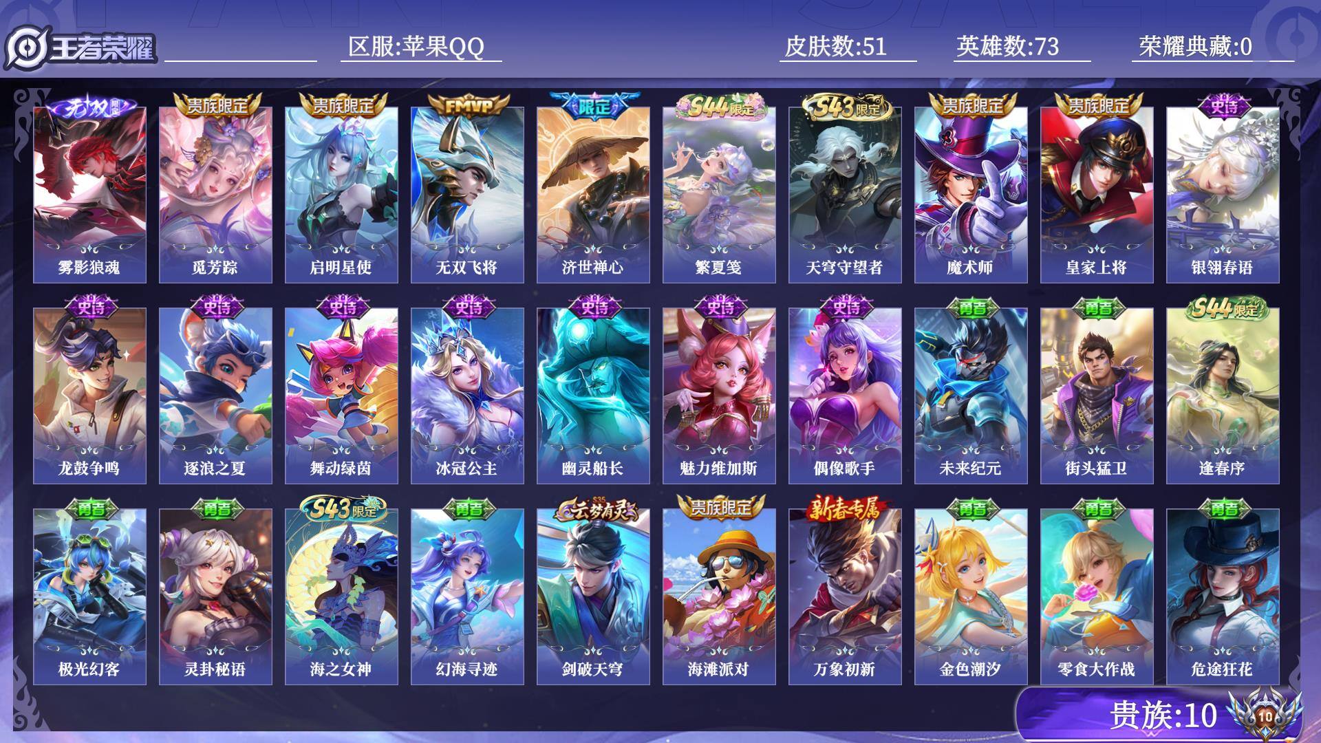 王者荣耀账号苹果QQ贵族10 无双1 传说皮肤3 史诗皮肤13 皮肤数量51 皮肤价值:31100 英雄73 最强王者 总场次298
