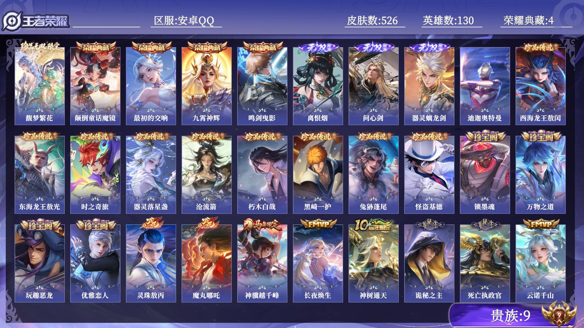 王者荣耀账号安卓QQ贵族9 荣耀典藏4 珍品无双1 无双3 珍品传说10 传说皮肤46 史诗皮肤165 皮肤数量526 皮肤价值:452640 英雄130 非凡王者 总场次15394