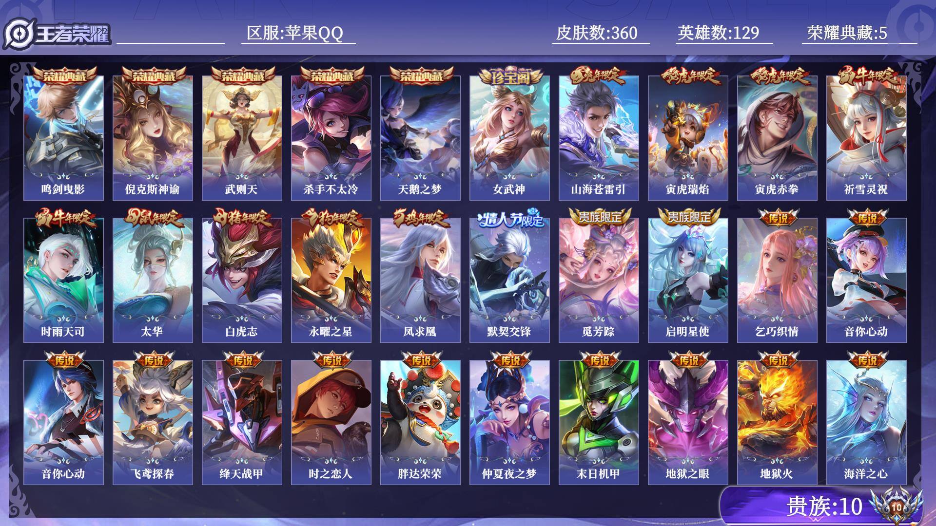 王者荣耀账号苹果QQ贵族10 荣耀典藏5 传说皮肤43 史诗皮肤103 皮肤数量360 皮肤价值:344342 英雄129 永恒钻石V 总场次16573