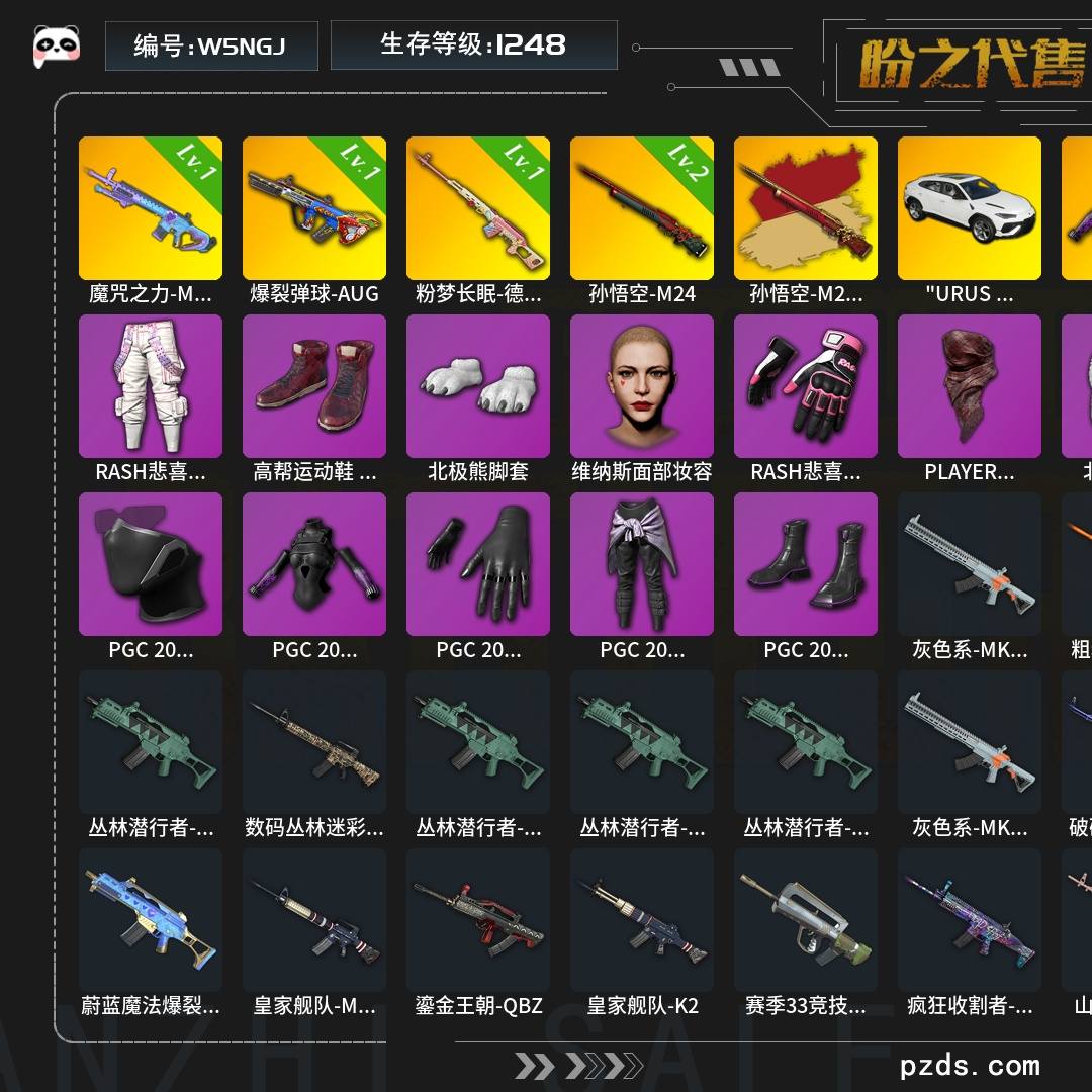 W5NGJ   无排名  生存等级1248，名誉等级0，金标数量4，枪皮数量178，PGC 2022 战术科技上衣，PLAYERUNKNOWN的风衣，北极熊连身衣，PGC 2022 大礼包，"URUS S"SUV，升级枪械武器魔咒之力-MK12[1级],粉梦长眠-德拉贡诺夫[1级],爆裂弹球-AUG[1级]