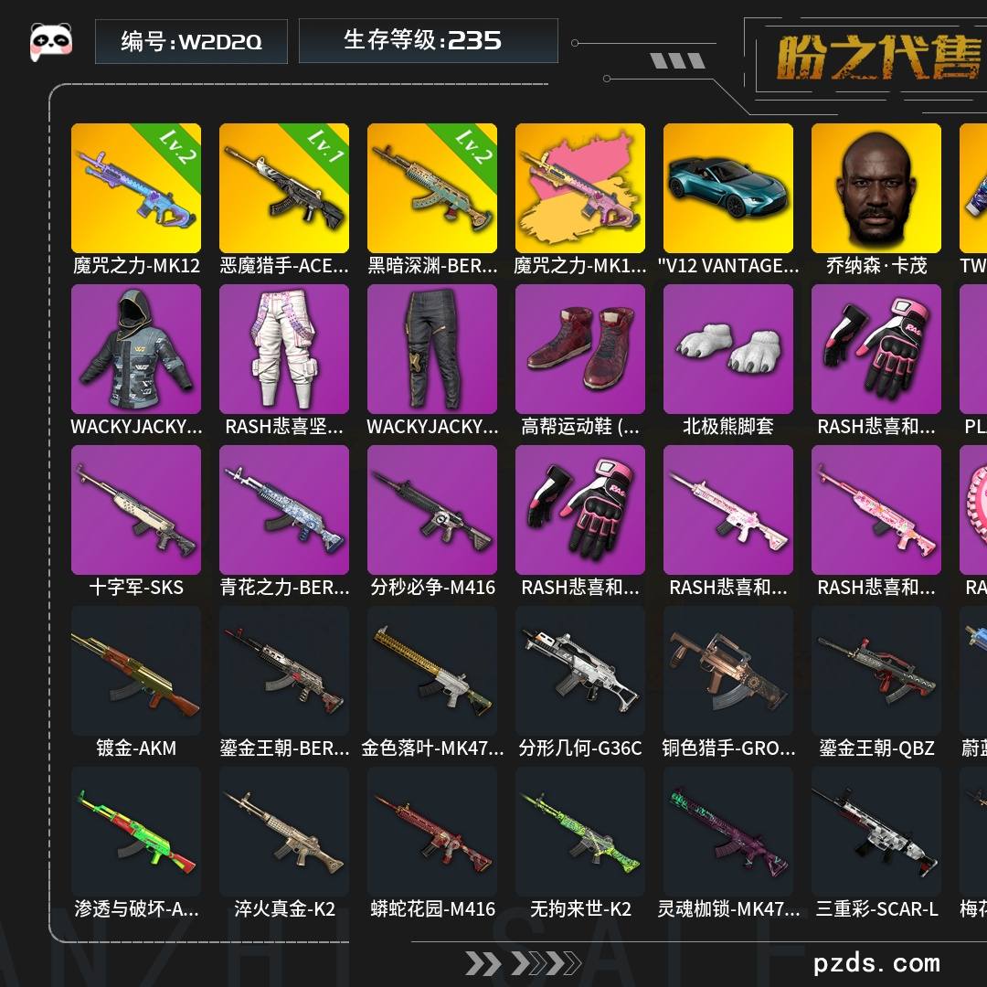 W2D2Q   黄金V  生存等级235，名誉等级3，枪皮数量124，乔纳森·卡茂，TWITCH RIVALS 复古飞行员夹克，PLAYERUNKNOWN的风衣，悲喜和我结婚礼包，"V12 VANTAGE ROADSTER(奢华版)"跑车，升级枪械武器魔咒之力-MK12[2级],魔咒之力-MK12[1级],恶魔猎手-ACE32[1级]