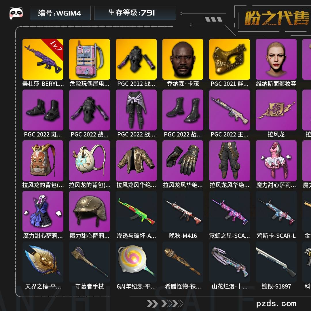 WG1M4 【九张图纸准八级美杜莎差一点聚合物，斧头帮舞蹈，联名舞蹈，主打歌，胜利之舞146，发光夹克丸子头。初始不出售，可提供第一次充值记录】无排名  生存等级791，名誉等级3，枪皮数量31，危险玩偶屋电波干扰背包，PGC 2022 战术科技上衣，乔纳森·卡茂，PGC 2022 大礼包，拉风龙大礼包，百变小樱礼包，升级枪械武器美杜莎-BERYL M762[7级]