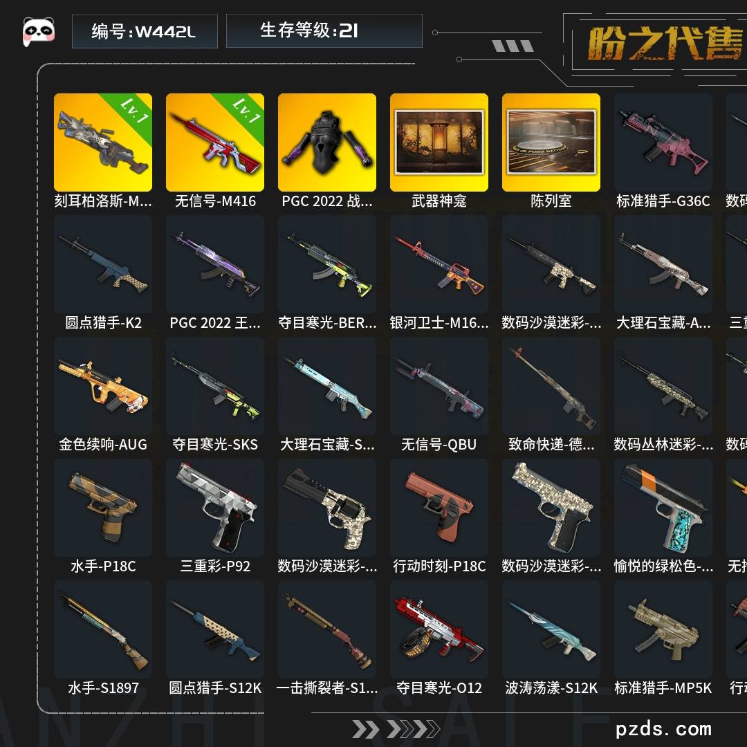 W442L   无排名  生存等级21，名誉等级2，枪皮数量84，PGC 2022 战术科技上衣，升级枪械武器刻耳柏洛斯-M249[1级],无信号-M416[1级]