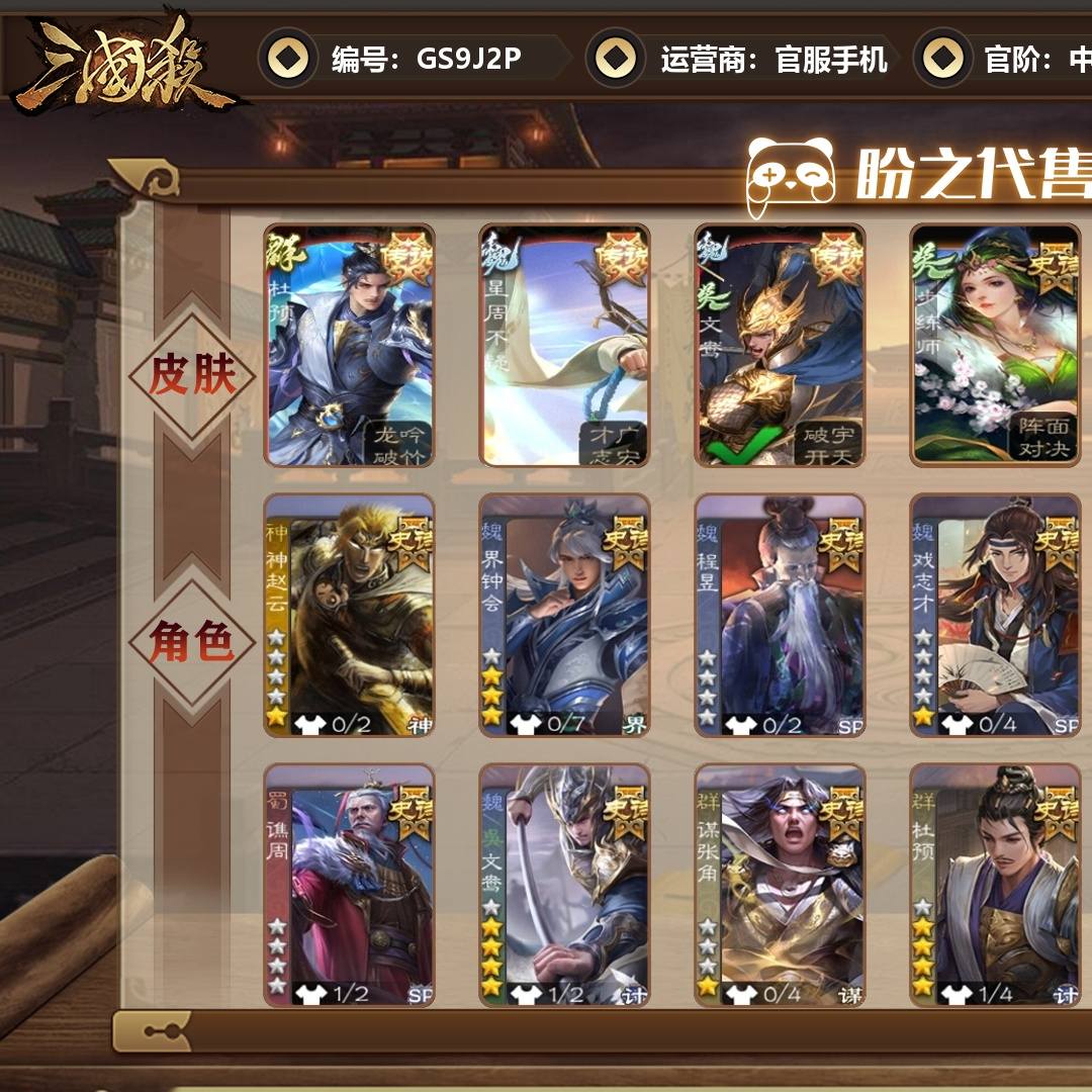 GS9J2P 号 【VIP8】 中军将军 11史诗武将 163皮肤 3动态皮肤