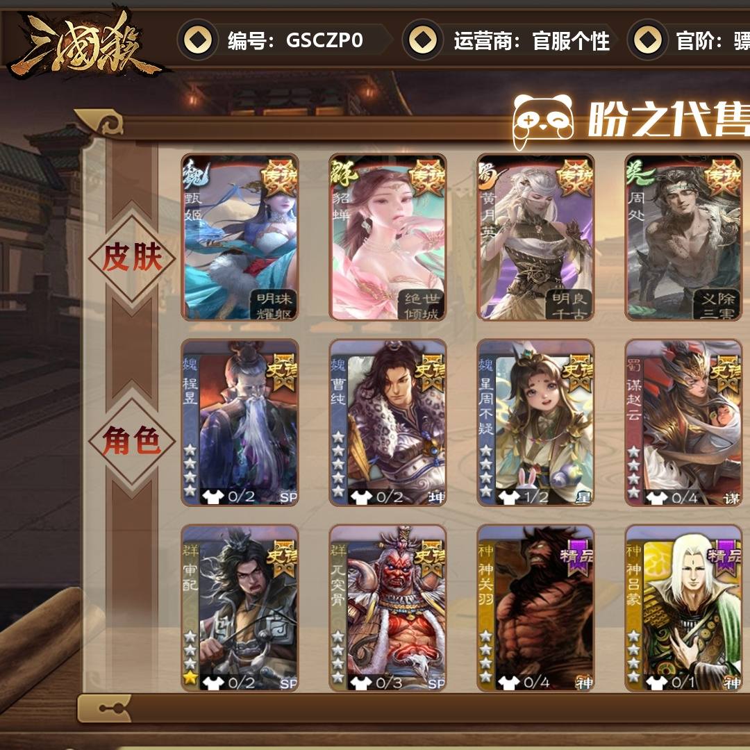 GSCZP0 号 【VIP9】 骠骑将军 9史诗武将 240皮肤 9动态皮肤