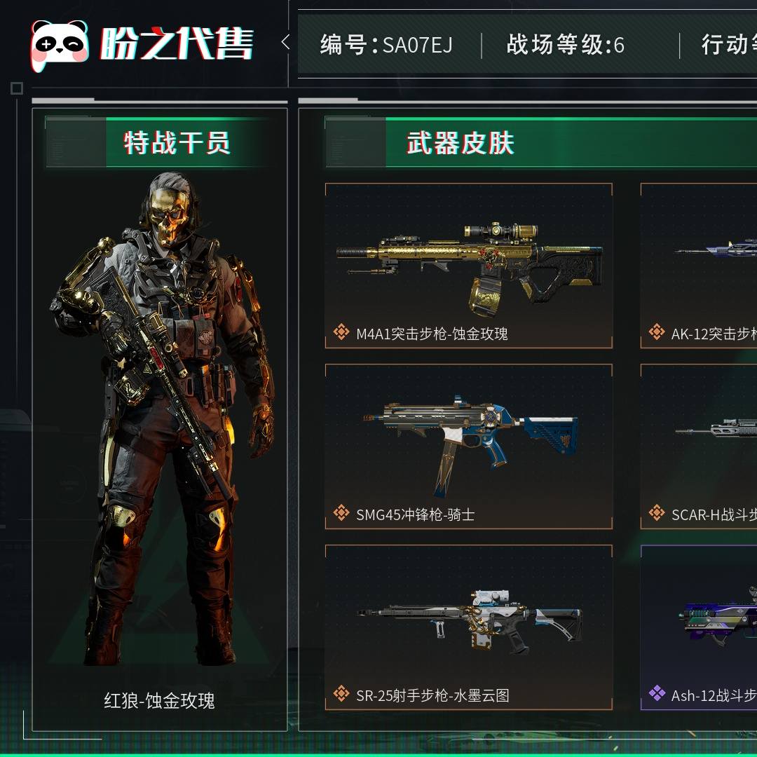 SA07EJ 号 总资产163M，哈夫币5934w，非洲之心，通行证：三角洲豪华版，枪皮数量129，角色皮肤数量3，红狼-蚀金玫瑰/威龙-壮志凌云/无名-夜鹰，近战-影锋/近战-黑鹰，战场等级：6 无军衔，行动等级：60 三角洲巅峰，安全箱等时效性道具请以游戏内数据为准；详情请看图