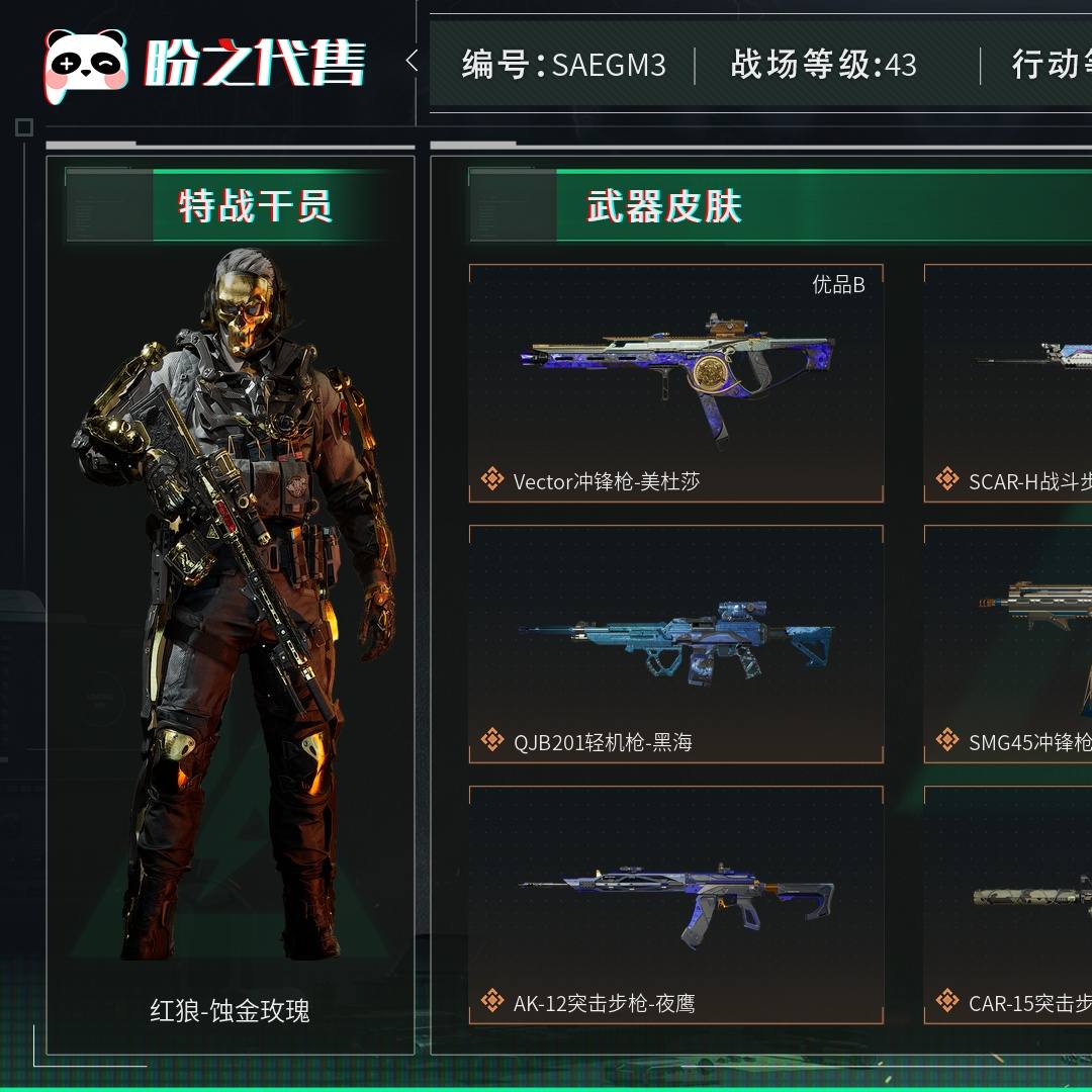 SAEGM3 号 总资产421M,哈夫币21084w,通行证:三角洲豪华版,枪皮数量241,角色皮肤数量7,红狼-蚀金玫瑰/威龙-飞虎/威龙-壮志凌云/威龙-铁面判官/无名-夜鹰/蜂医-危险物质/骇爪-水墨云图,近战-黑海/近战-影锋/近战-黑鹰,Vector冲锋枪-美杜莎(优品B)/SCAR-H战斗步枪-电玩高手(优品B),战场等级:43 上等兵,行动等级:60 黑鹰,安全箱等时效性道具请以游戏内数据为准;详情请看图